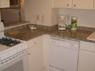 Kitchen with granite countertop, porcelain sink, quarry tile floor, GE Prolife appliances, including dishwasher