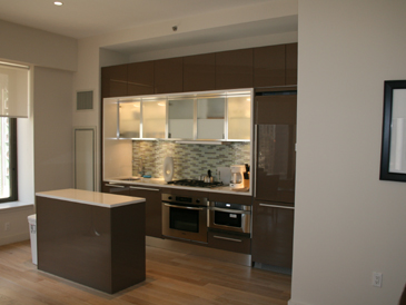 Loft Style layout Kitchen with island, stainless steel appliances, fashionable tile backsplash and over head double storage (glass front and wood front)